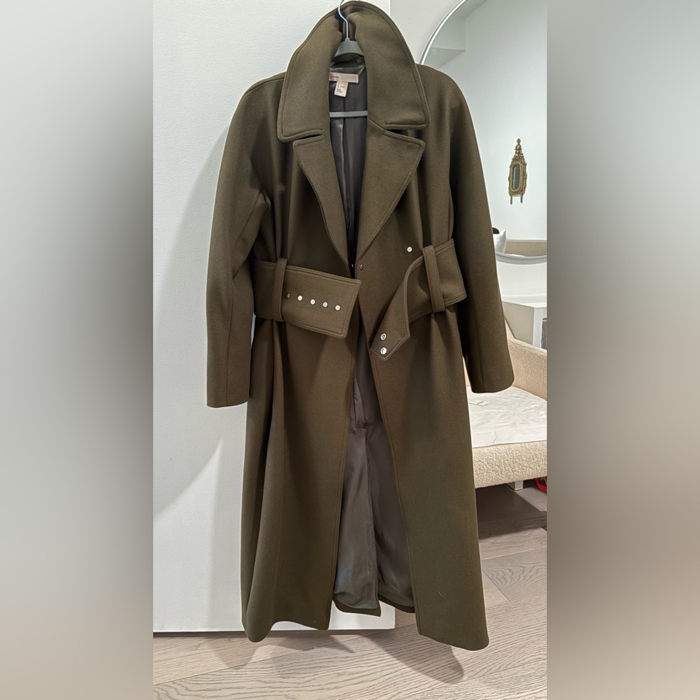Olive Green Belted wool long coat H&M Studio